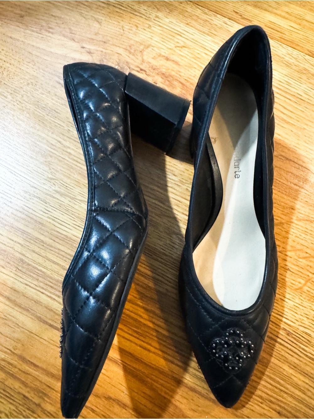 Capodarte Quilted Black Block Heel Pointed Pumps
